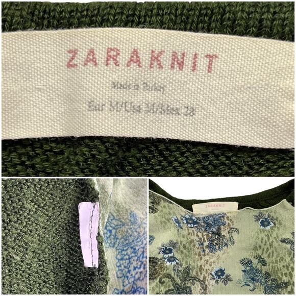 Zara Knit Floral Chiffon Sweater Tunic High Low Split Hem Long Sleeves Green - Picture 8 of 12